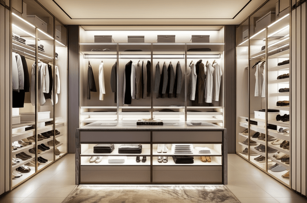 Modern closet system with integrated lighting and custom shelving