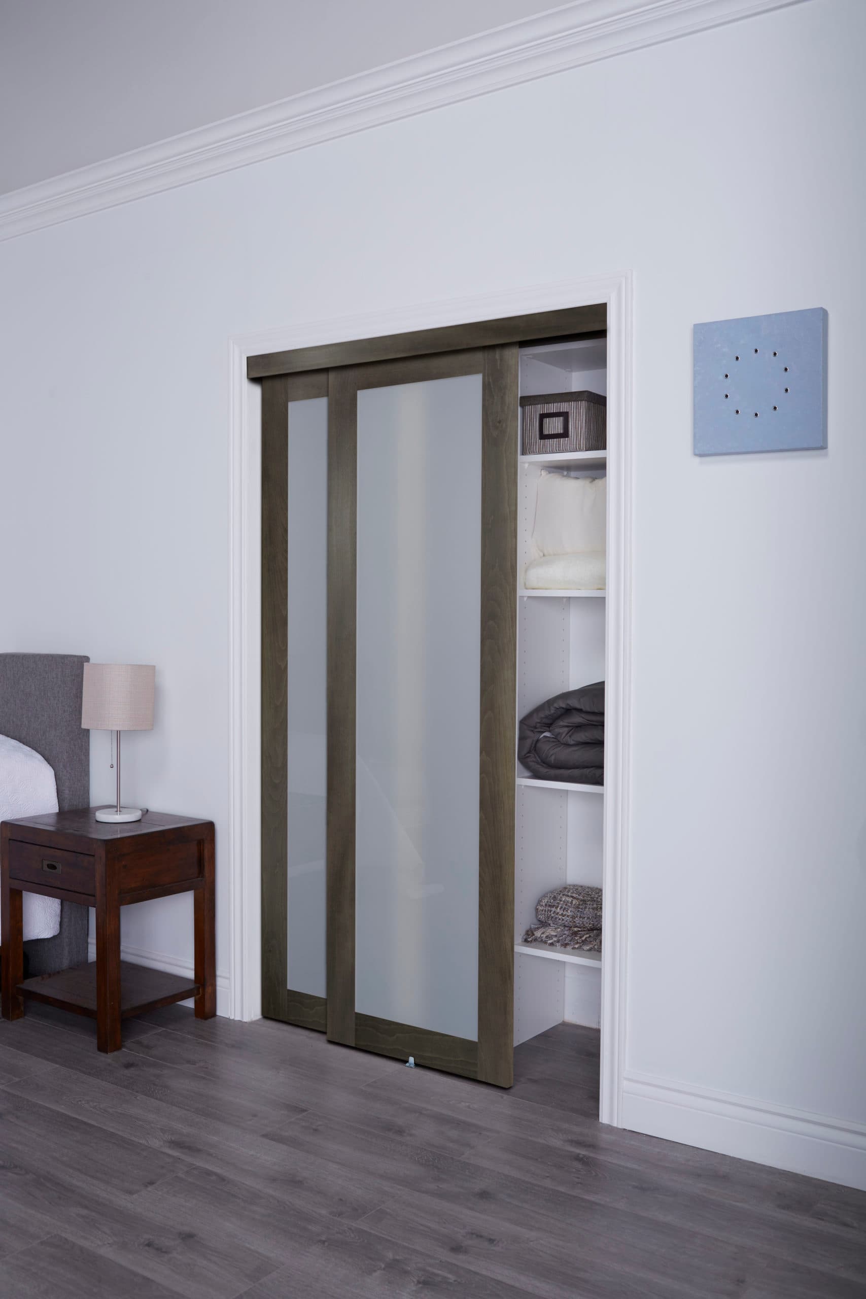 Euro 1-lite bypass closet door with frosted glass panels